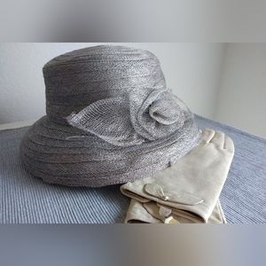 Coronation Call! Straw Cloche Hat with brim and flower accent Deep Silver